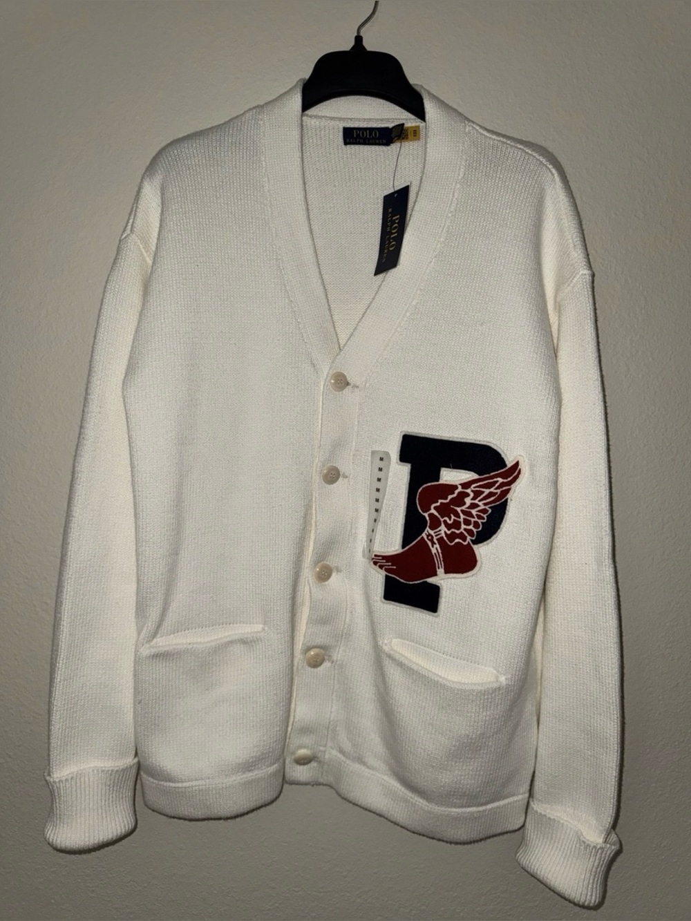 Ralph Lauren Cream Knit Cardigan with Navy & Burgundy Patch
